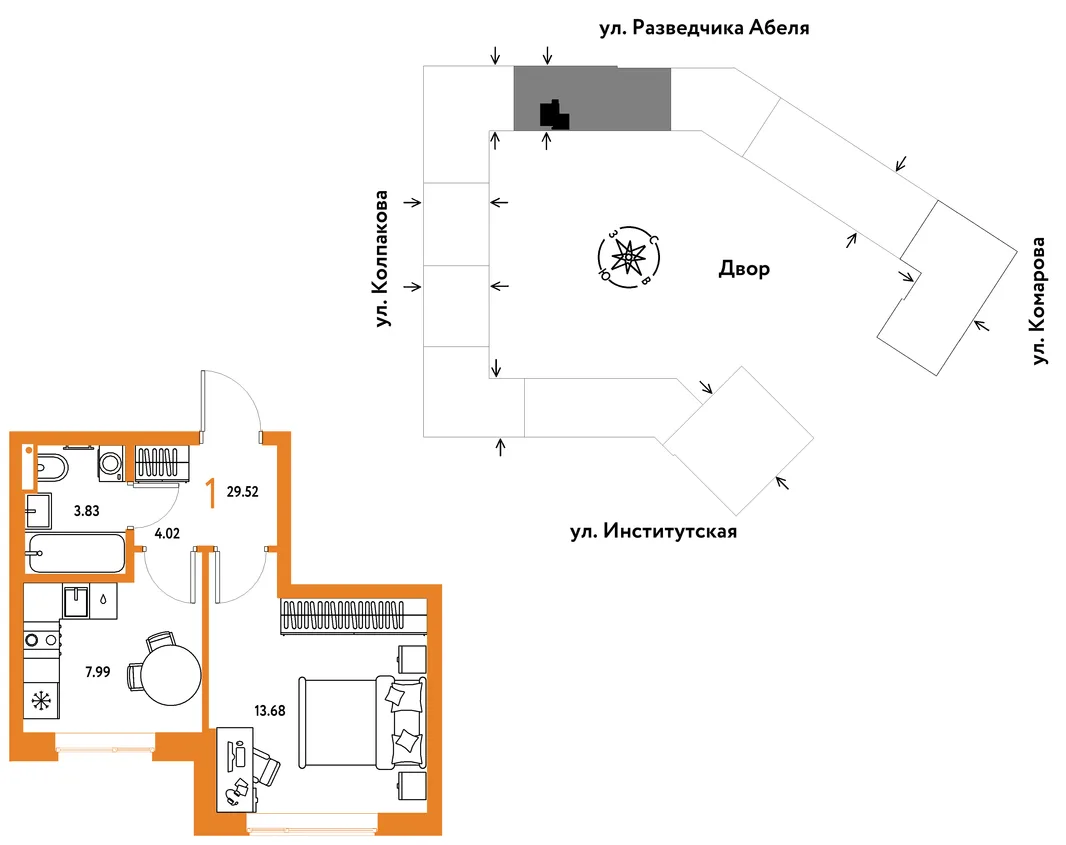 Планировка 1-комн. квартира, 29.52 м² ЖК «Страна.Парковая»