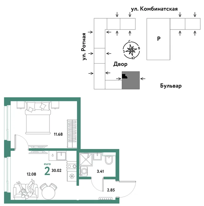 Планировка 2-комн. квартира, 30.02 м² ЖК «Уральский сад» Планировка 2-комн. квартира, 30.02 м² ЖК «Уральский сад»