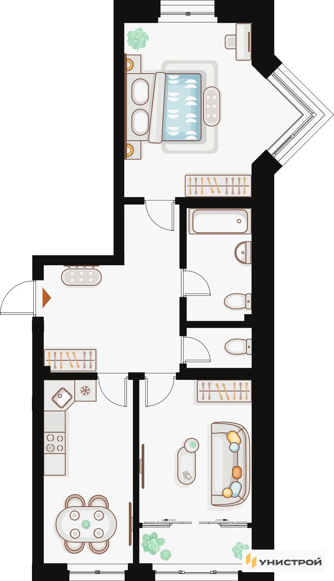Планировка 2-комн. квартира, 68.48 м² ЖК «Жилой кластер Q на Кулагина»
