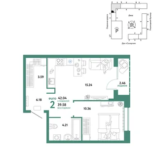 Планировка 2-комн. квартира, 42.04 м² ЖК «Юнион»