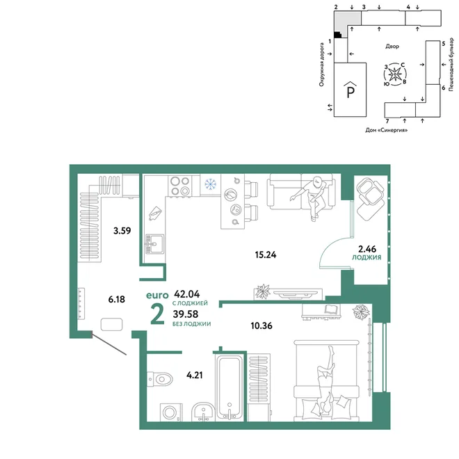 Планировка 2-комн. квартира, 42.04 м² ЖК «Юнион» Планировка 2-комн. квартира, 42.04 м² ЖК «Юнион»