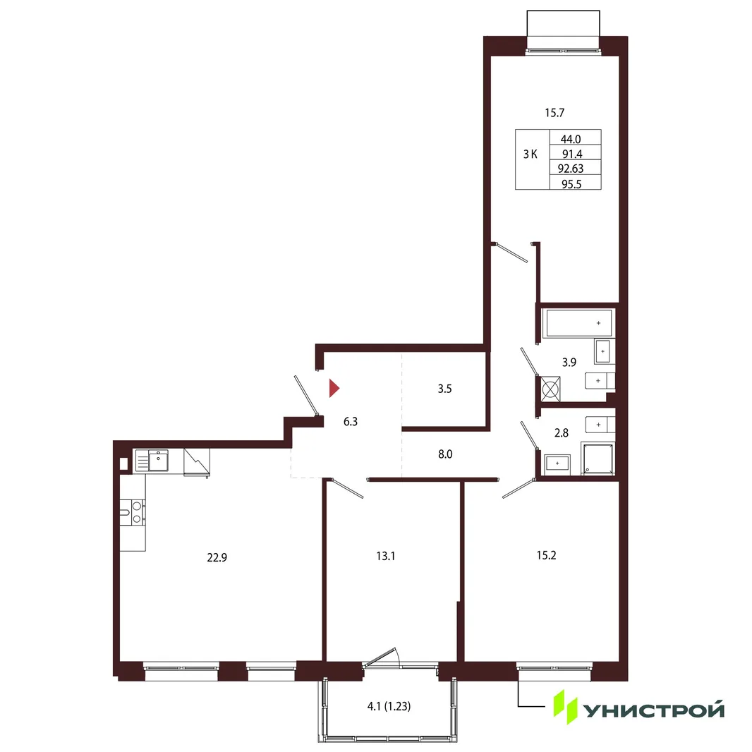 Планировка 3-комн. квартира, 92.63 м² ЖК «Лисино»