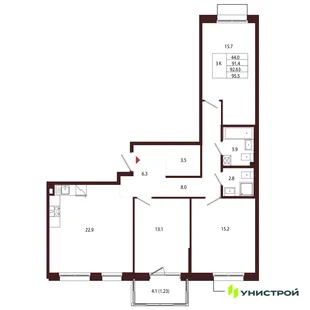 Планировка 3-комн. квартира, 92.63 м² ЖК «Лисино»