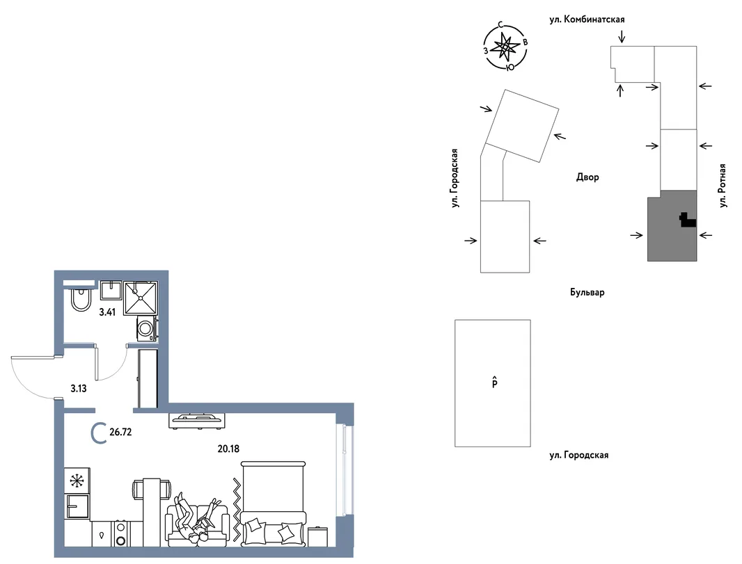 Планировка Студия, 26.72 м² ЖК «Уральский сад»