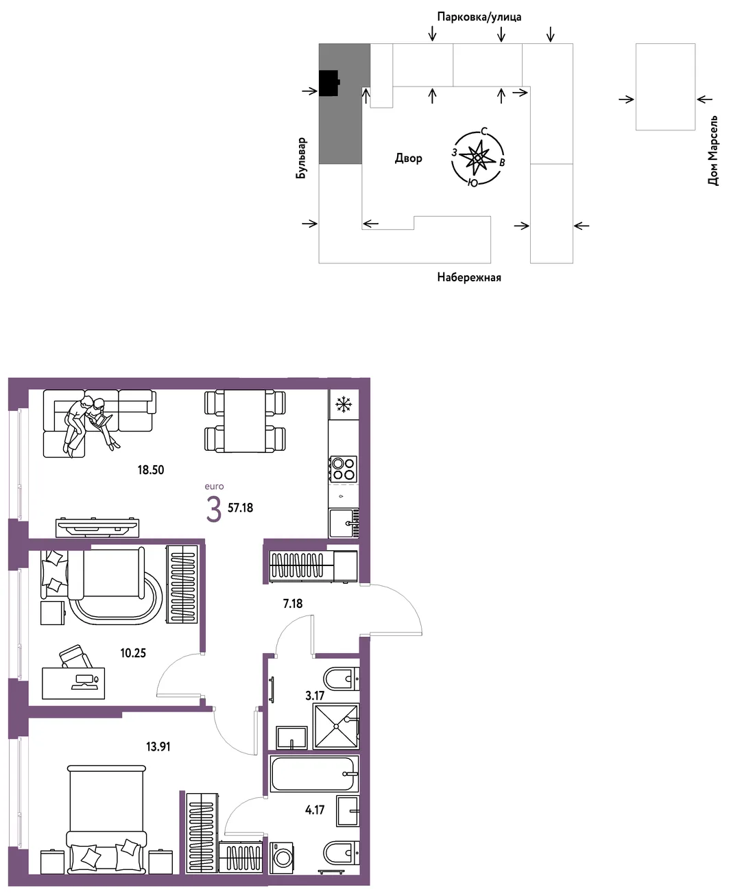 Планировка 3-комн. квартира, 57.18 м² ЖК «Европейский берег 2.0»
