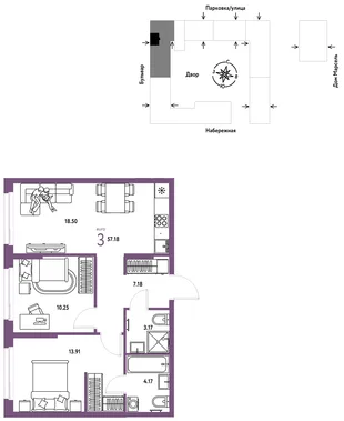 Планировка 3-комн. квартира, 57.18 м² ЖК «Европейский берег 2.0»