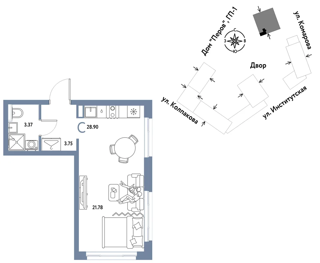 Планировка Студия, 28.9 м² ЖК «Страна.Парковая»