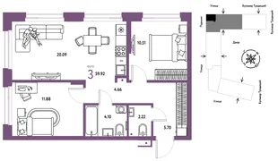 Планировка 3-комн. квартира, 59.92 м² ЖК «Микрорайон Домашний»