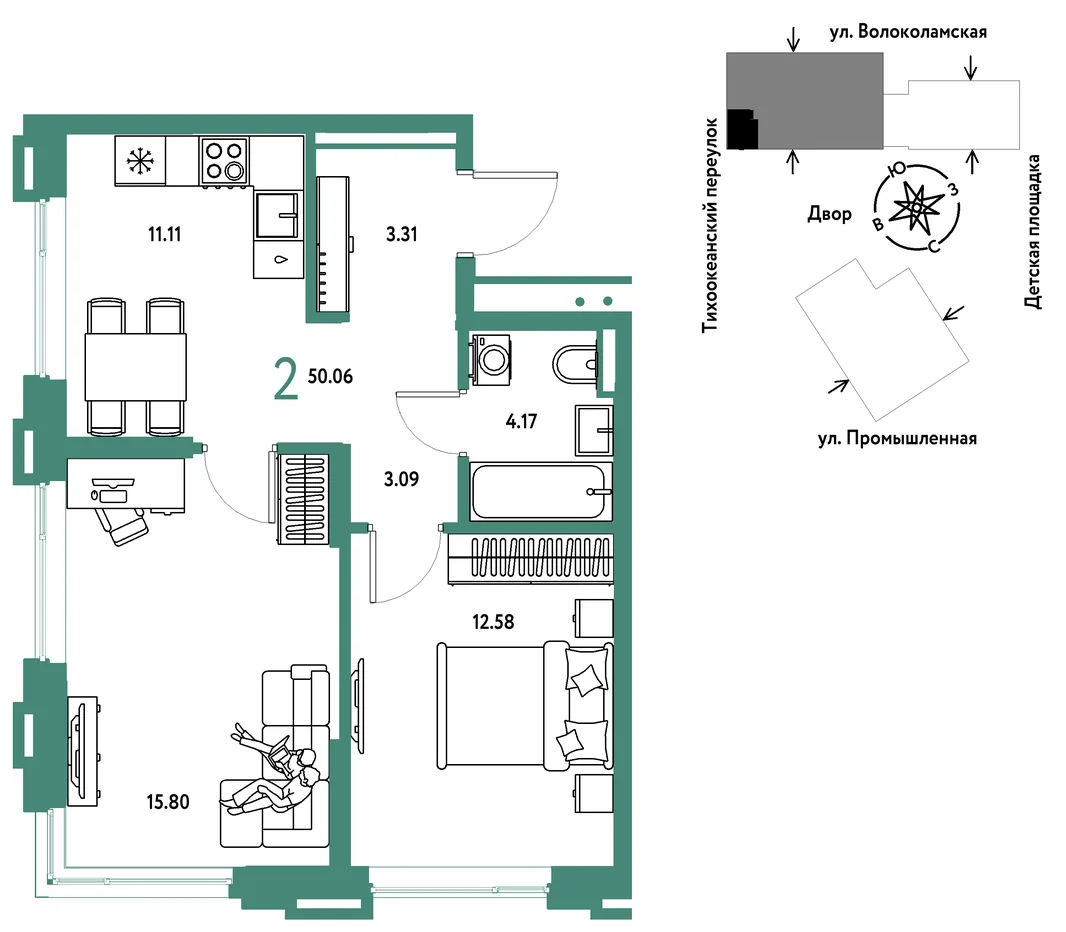 Планировка 2-комн. квартира, 50.06 м² ЖК «Страна Прибрежная»