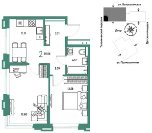 Планировка 2-комн. квартира, 50.06 м² ЖК «Страна Прибрежная»