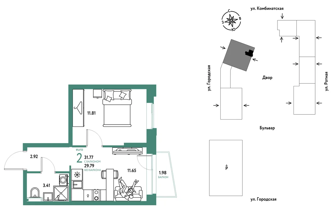 Планировка 2-комн. квартира, 31.77 м² ЖК «Уральский сад»
