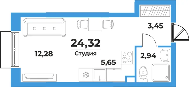 Планировка Студия, 24.32 м² ЖК «На семи холмах» Планировка Студия, 24.32 м² ЖК «На семи холмах»