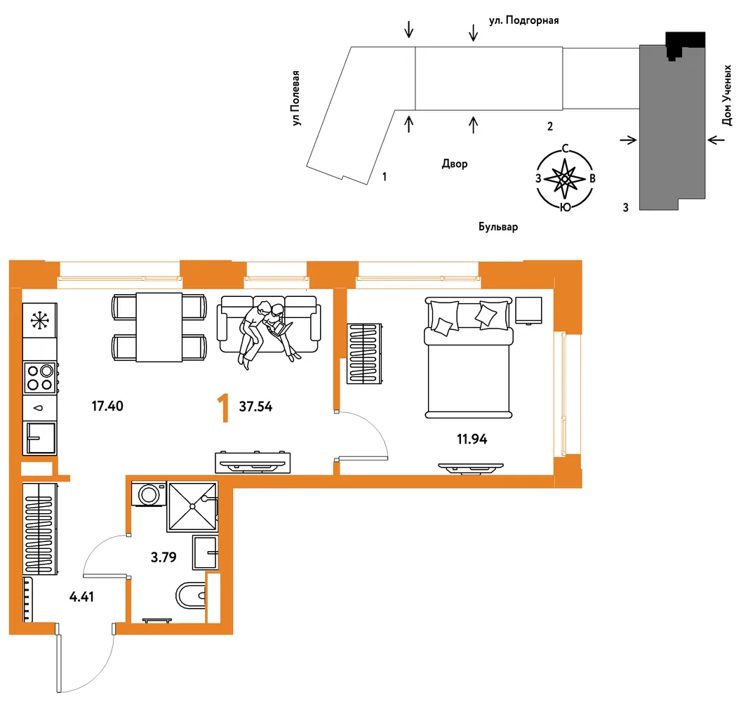 Планировка 1-комн. квартира, 37.62 м² ЖК «Авторский»