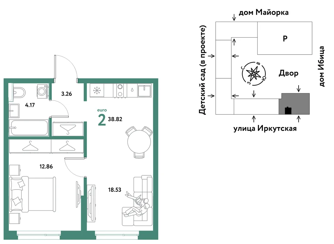 Планировка 2-комн. квартира, 38.82 м² ЖК «Остров-сад»