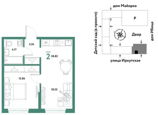 Планировка 2-комн. квартира, 38.82 м² ЖК «Остров-сад»