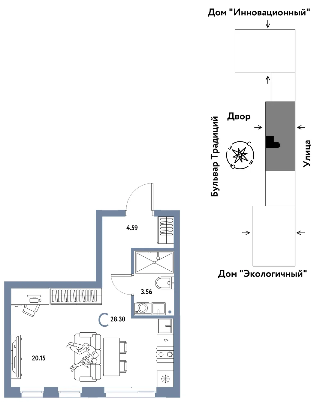 Планировка Студия, 28.3 м² ЖК «Микрорайон Домашний»