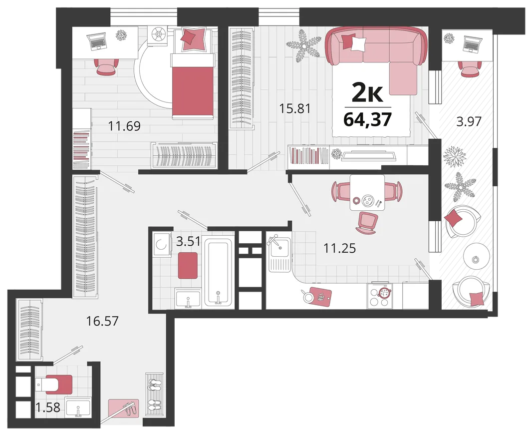 Планировка 2-комн. квартира, 64 м² ЖК «Родные просторы»