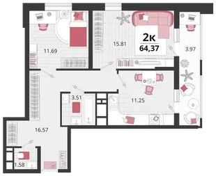 Планировка 2-комн. квартира, 64 м² ЖК «Родные просторы»