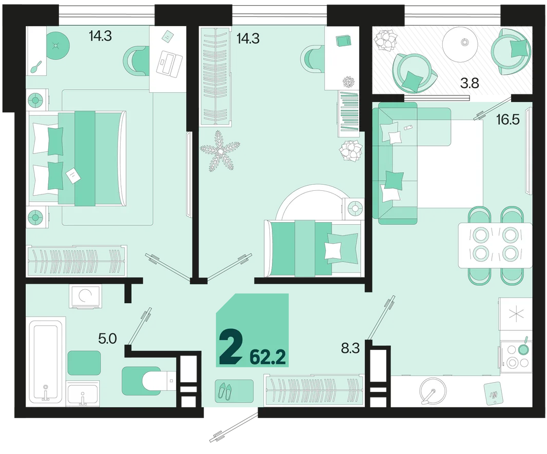 Планировка 2-комн. квартира, 62.2 м² ЖК «Первое место»