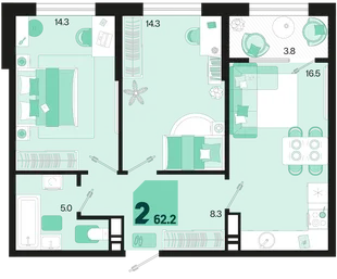 Планировка 2-комн. квартира, 62.2 м² ЖК «Первое место»
