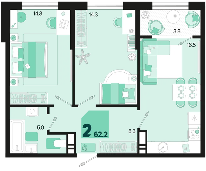 Планировка 2-комн. квартира, 62.2 м² ЖК «Первое место» Планировка 2-комн. квартира, 62.2 м² ЖК «Первое место»