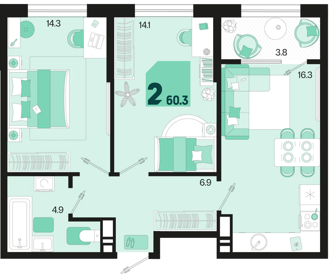 Планировка 2-комн. квартира, 60.3 м² ЖК «Первое место»