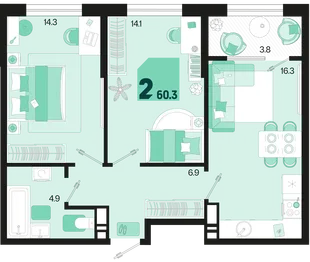Планировка 2-комн. квартира, 60.3 м² ЖК «Первое место»