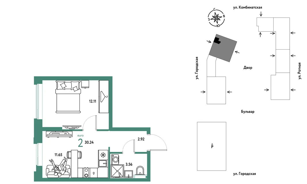 Планировка 2-комн. квартира, 30.24 м² ЖК «Уральский сад»