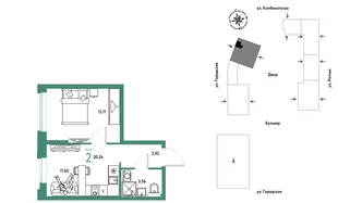 Планировка 2-комн. квартира, 30.24 м² ЖК «Уральский сад»