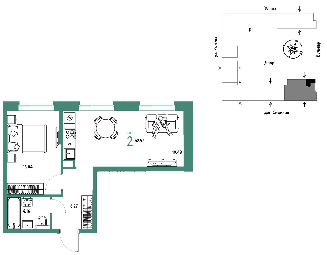 Планировка 2-комн. квартира, 42.95 м² ЖК «Остров-сад»
