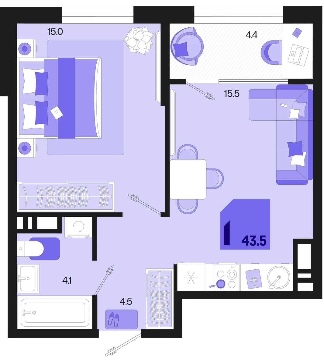 Планировка 1-комн. квартира, 43.5 м² ЖК «Первое место»