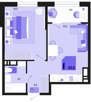 Планировка 1-комн. квартира, 43.5 м² ЖК «Первое место»