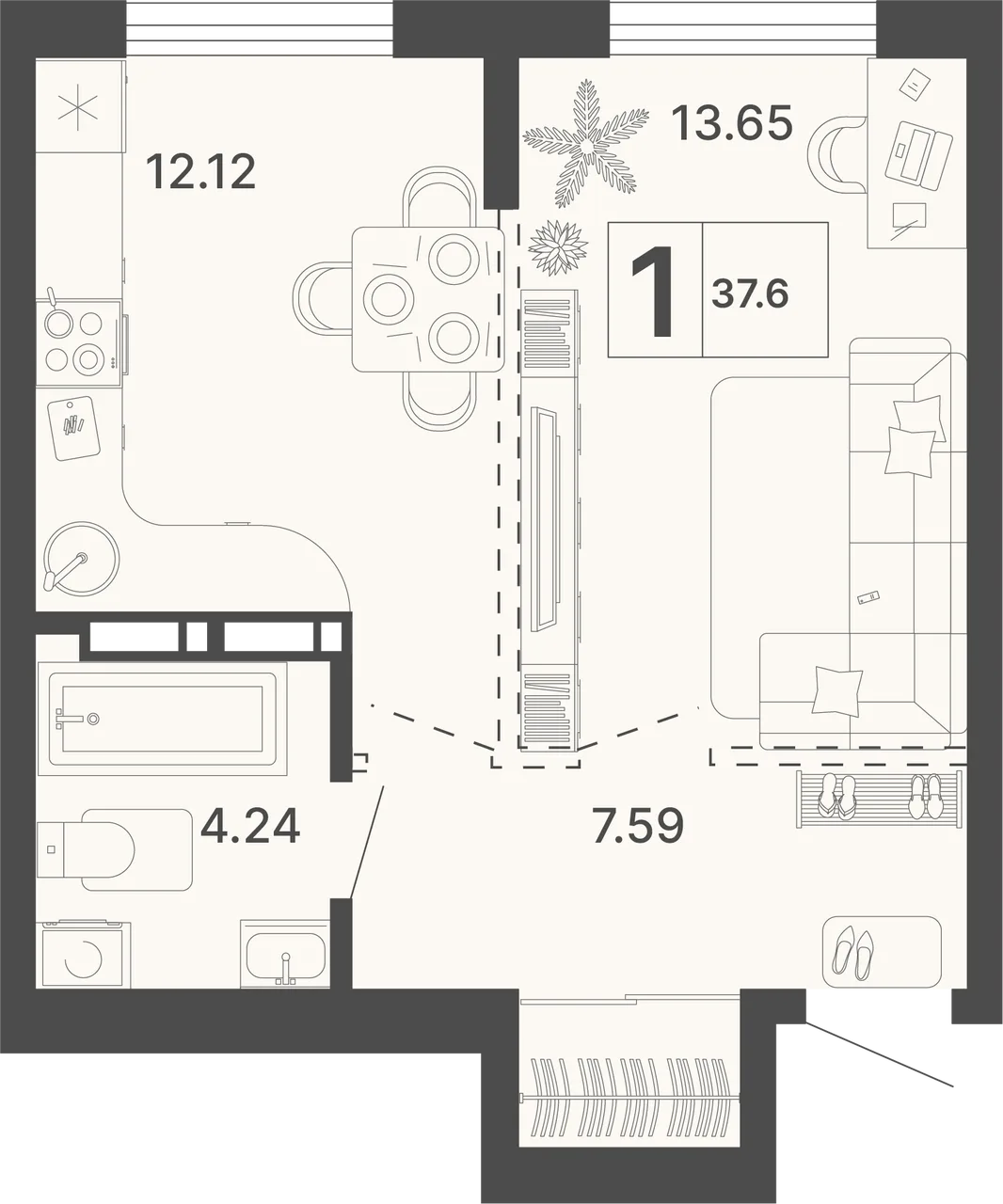 Планировка 1-комн. квартира, 37.6 м² ЖК «Светский лес»