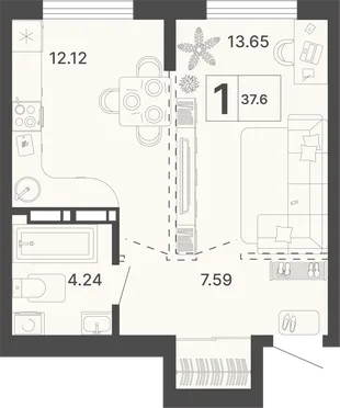 Планировка 1-комн. квартира, 37.6 м² ЖК «Светский лес»