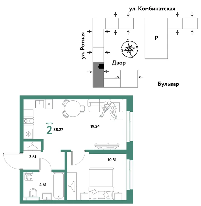 Планировка 2-комн. квартира, 38.27 м² ЖК «Уральский сад» Планировка 2-комн. квартира, 38.27 м² ЖК «Уральский сад»