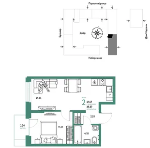 Планировка 2-комн. квартира, 41.67 м² ЖК «Европейский берег 2.0»