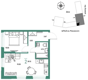Планировка 2-комн. квартира, 39.15 м² ЖК «Сибирский сад»
