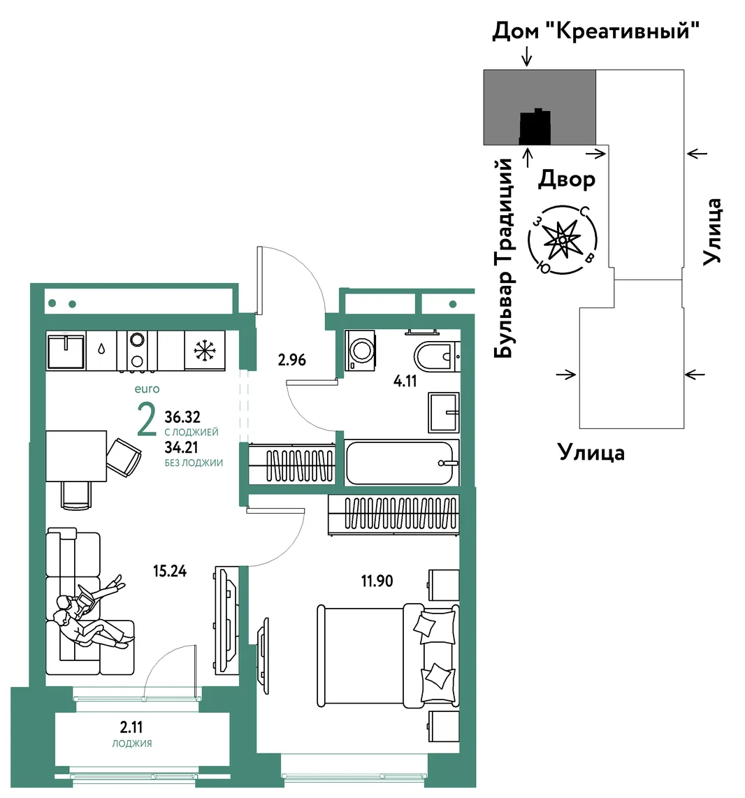 Планировка 2-комн. квартира, 36.32 м² ЖК «Микрорайон Домашний»