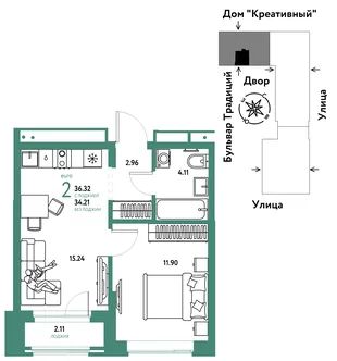 Планировка 2-комн. квартира, 36.32 м² ЖК «Микрорайон Домашний»