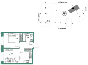 Планировка 2-комн. квартира, 39.72 м² ЖК «Остров-сад»