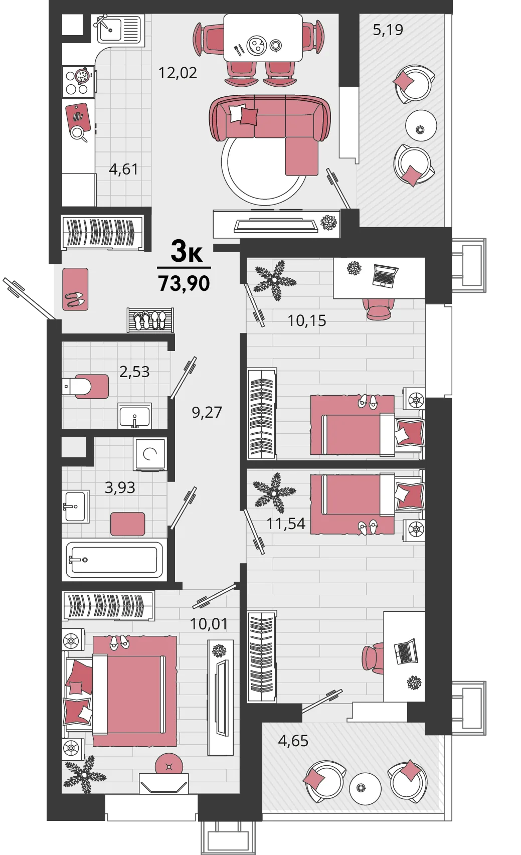 Планировка 4-комн. квартира, 73.9 м² ЖК «Родные просторы»