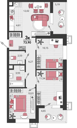 Планировка 4-комн. квартира, 73.9 м² ЖК «Родные просторы»