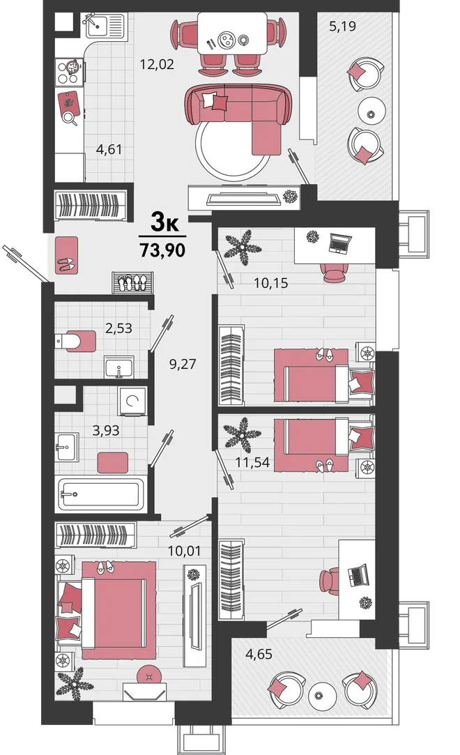 Планировка 4-комн. квартира, 73.9 м² ЖК «Родные просторы» Планировка 4-комн. квартира, 73.9 м² ЖК «Родные просторы»