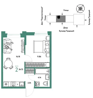 Планировка 2-комн. квартира, 34.72 м² ЖК «Микрорайон Домашний»