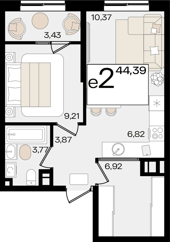 Планировка 2-комн. квартира, 44.39 м² ЖК «Патрики»