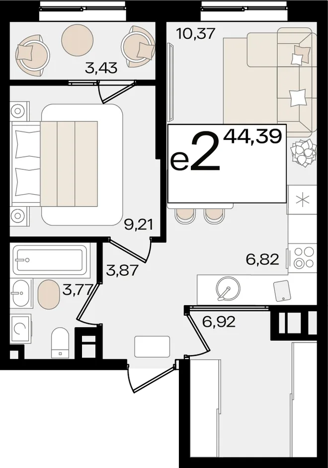 Планировка 2-комн. квартира, 44.39 м² ЖК «Патрики»