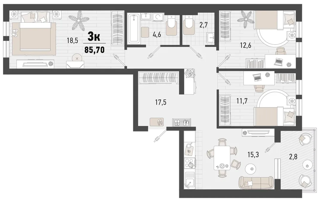 Планировка 3-комн. квартира, 88.5 м² ЖК «Барса»