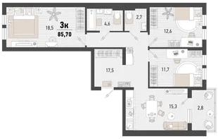 Планировка 3-комн. квартира, 88.5 м² ЖК «Барса»