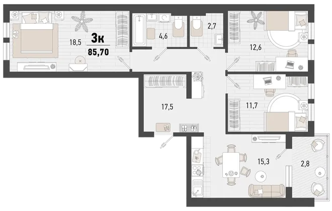 Планировка 3-комн. квартира, 88.5 м² ЖК «Барса» Планировка 3-комн. квартира, 88.5 м² ЖК «Барса»