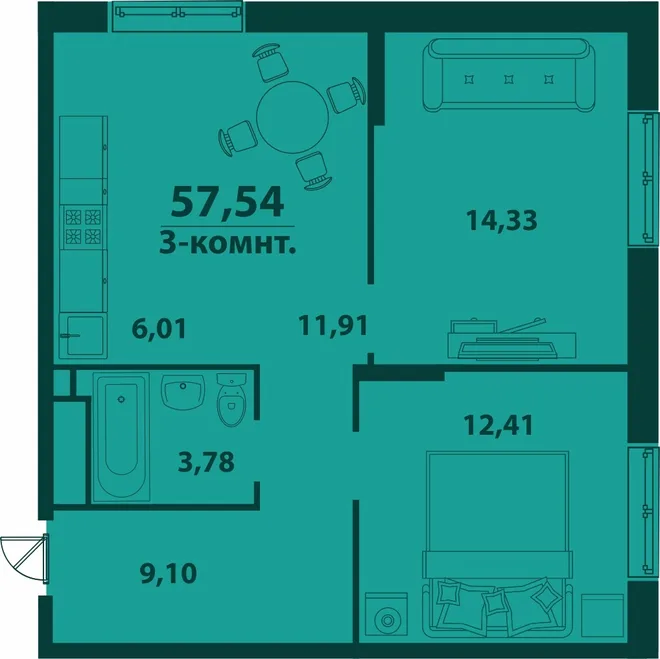 Планировка 3-комн. квартира, 57.54 м² ЖК «Аквамарин 2» Планировка 3-комн. квартира, 57.54 м² ЖК «Аквамарин 2»